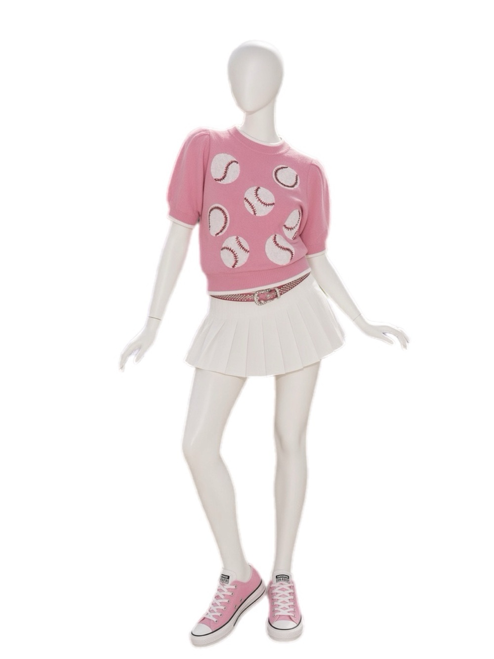 PEACH LOVE CALIFORNIA pink puff sleeve sequin baseball sweater S M L